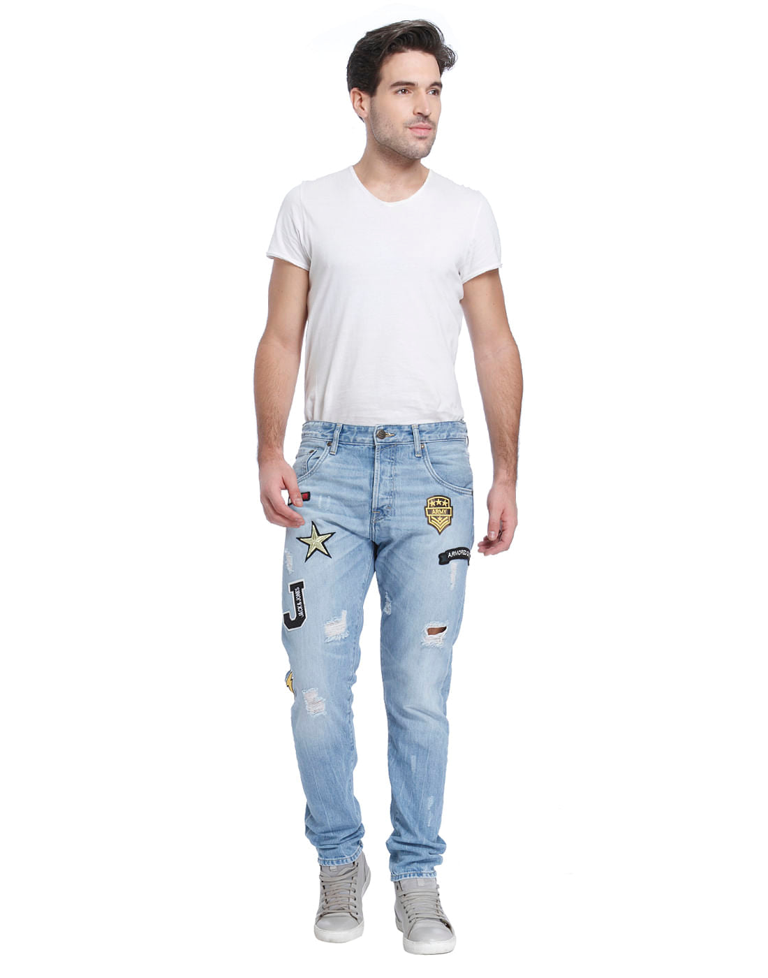 Blue Mid Rise Erik Patch Print Anti-Fit Jeans