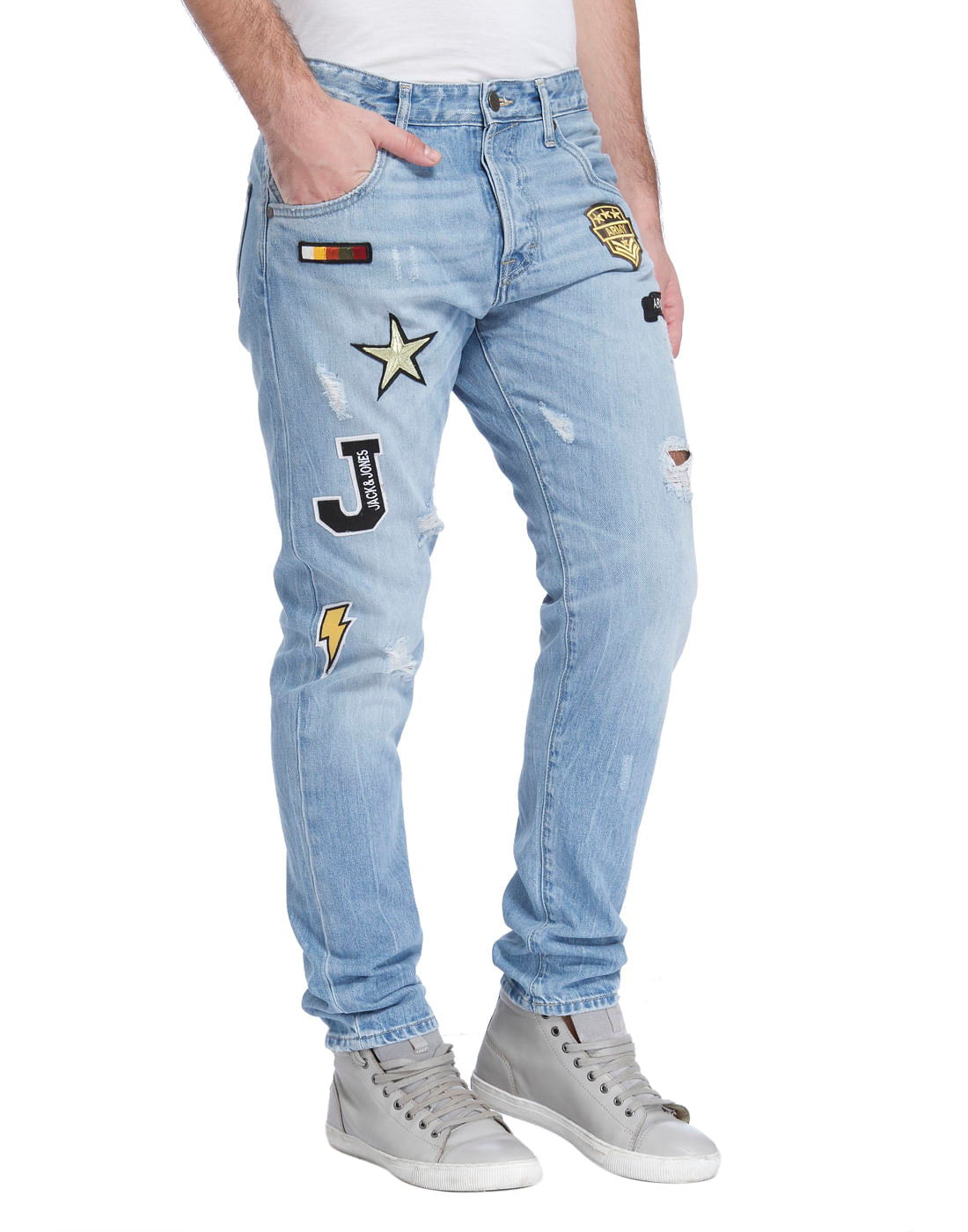 Blue Mid Rise Erik Patch Print Anti-Fit Jeans