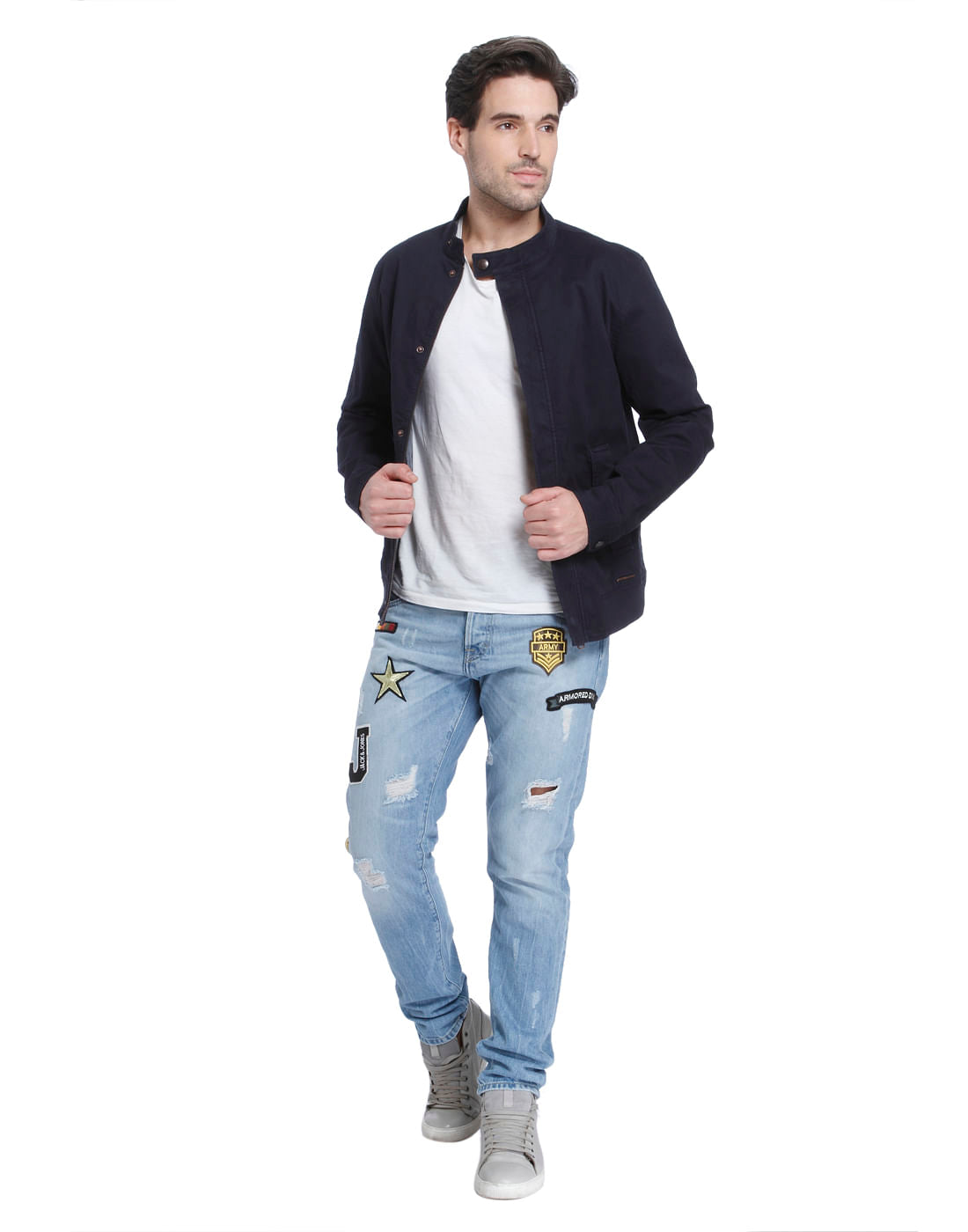 Blue Mid Rise Erik Patch Print Anti-Fit Jeans