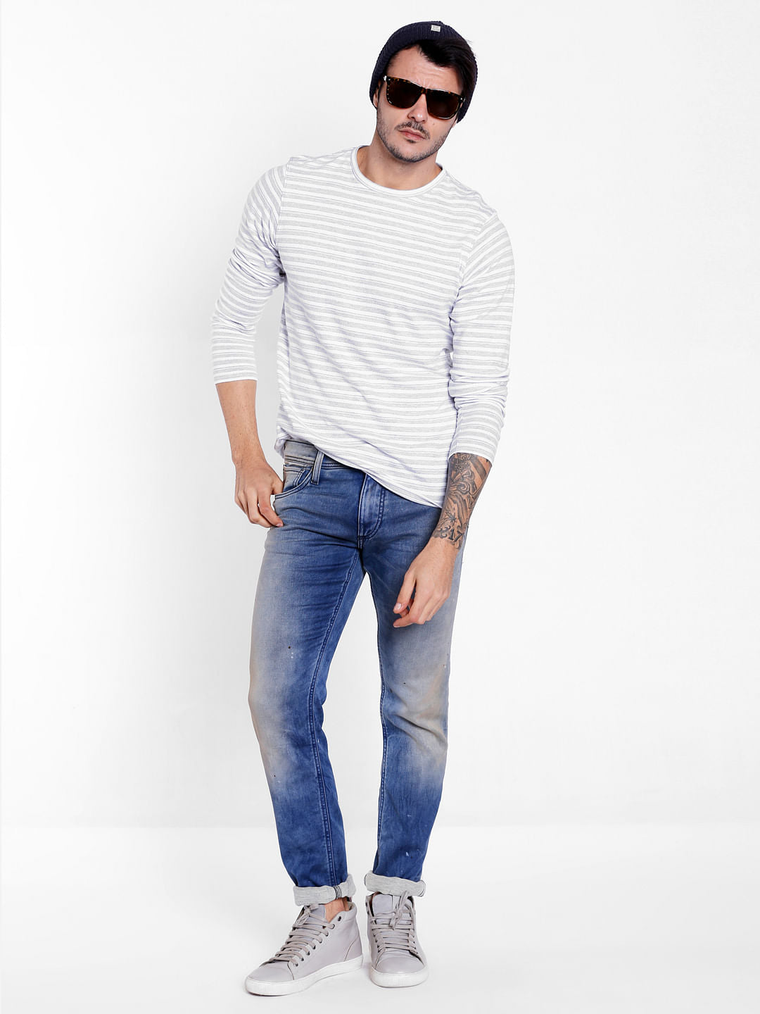 Blue Mid Rise Glenn Splash Print Slim Fit Jeans - 28/32