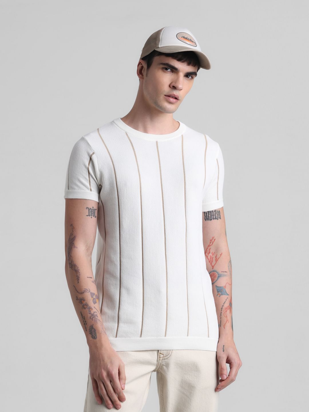White Striped Knitted T-shirt - S