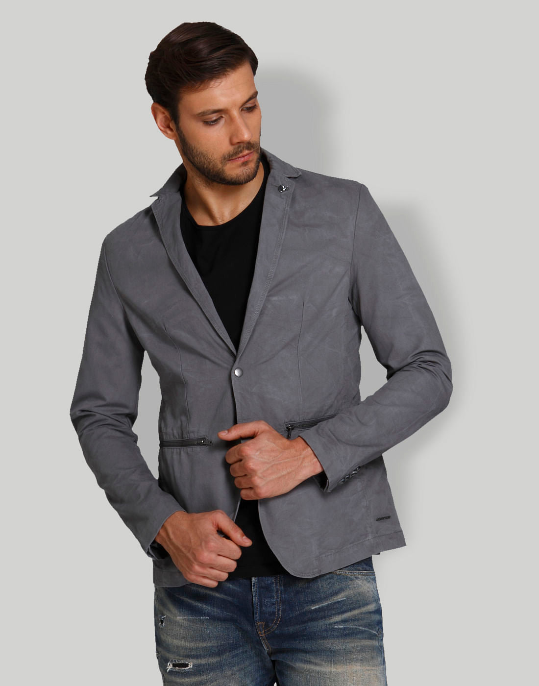 Grey Zipped Pockets Blazer