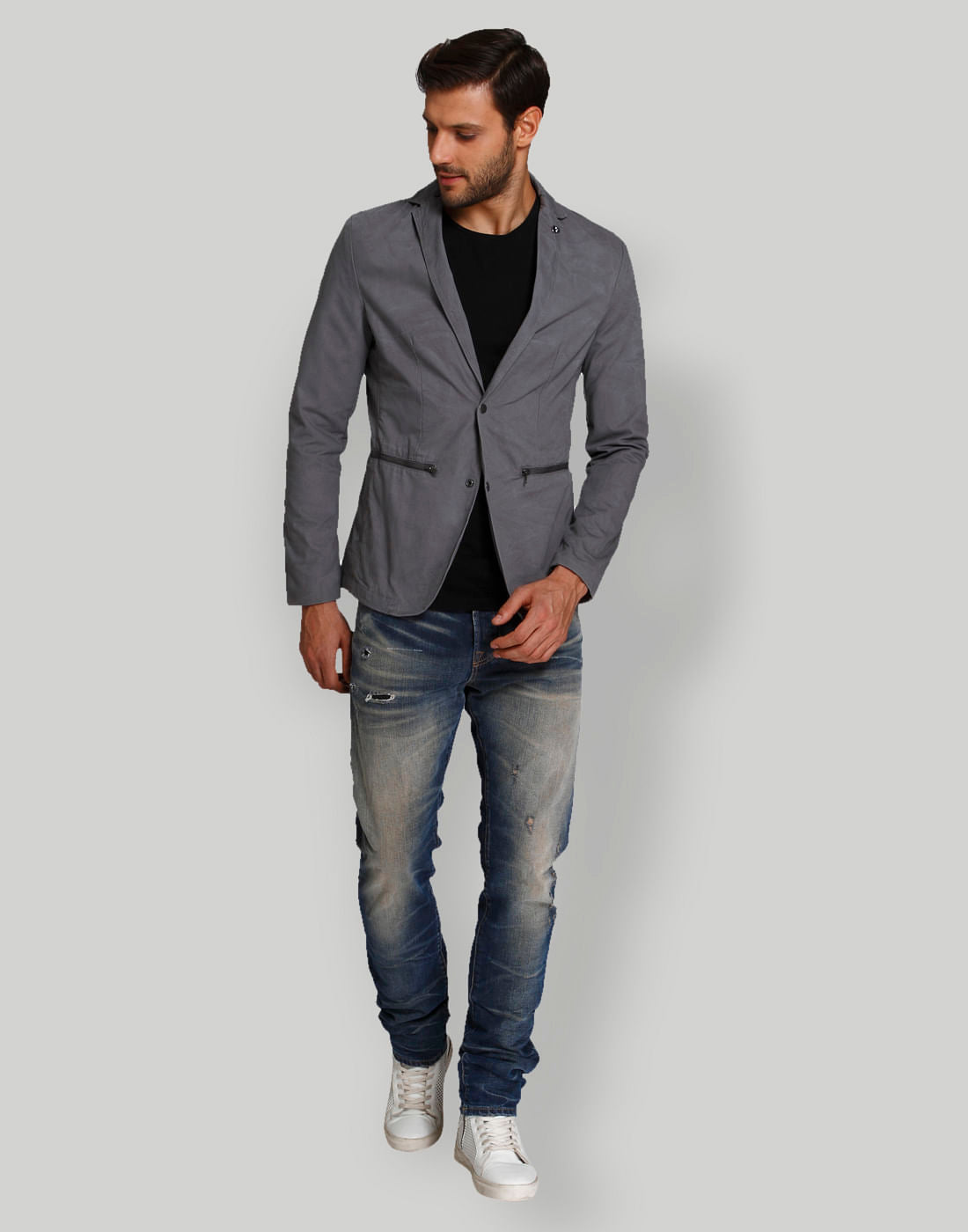 Grey Zipped Pockets Blazer