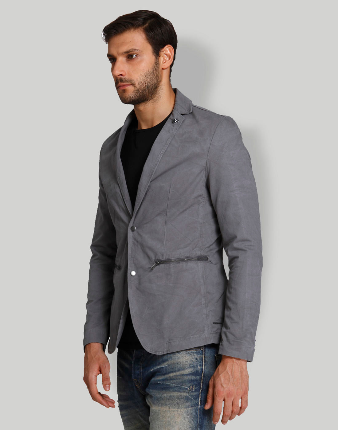 Grey Zipped Pockets Blazer