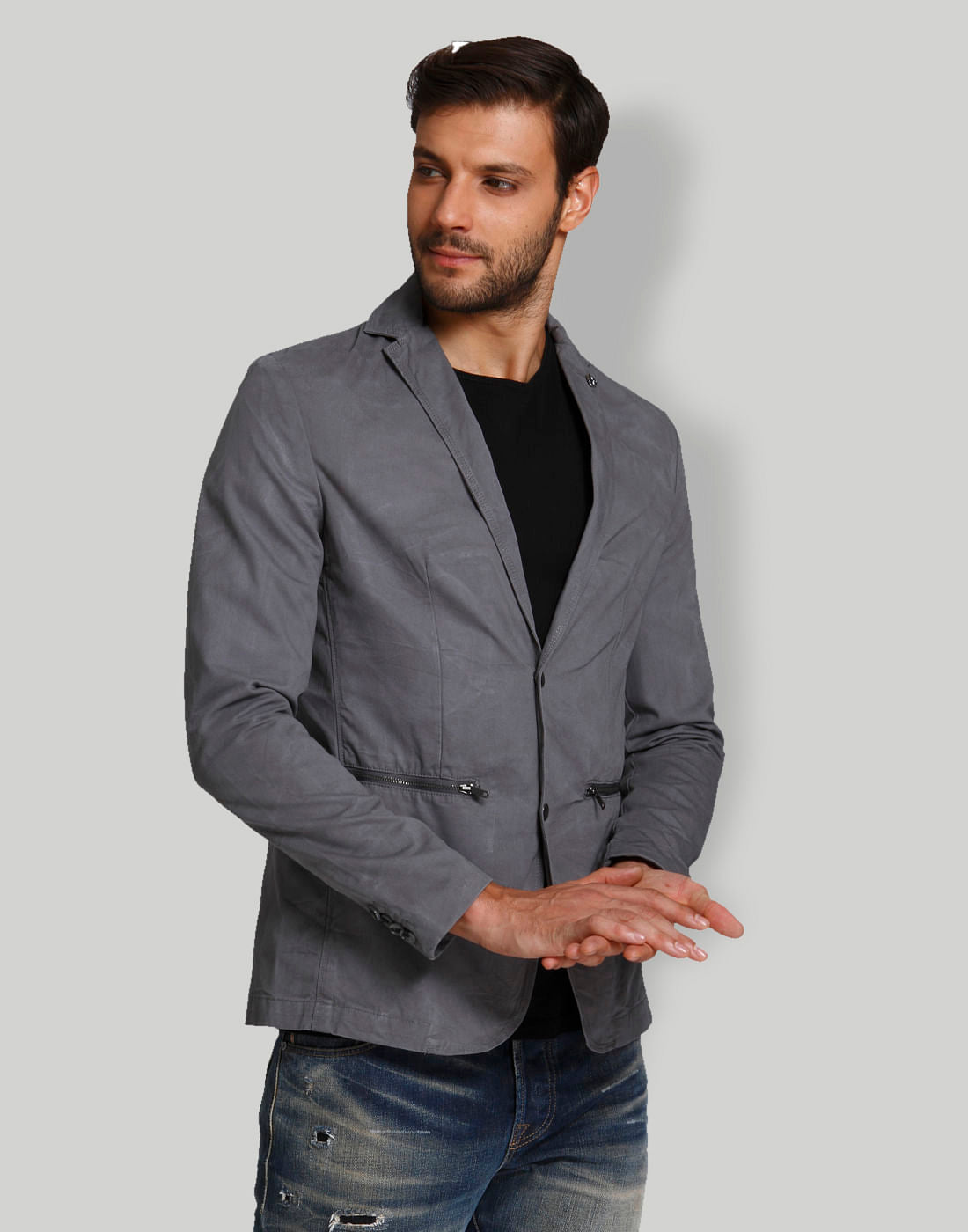 Grey Zipped Pockets Blazer