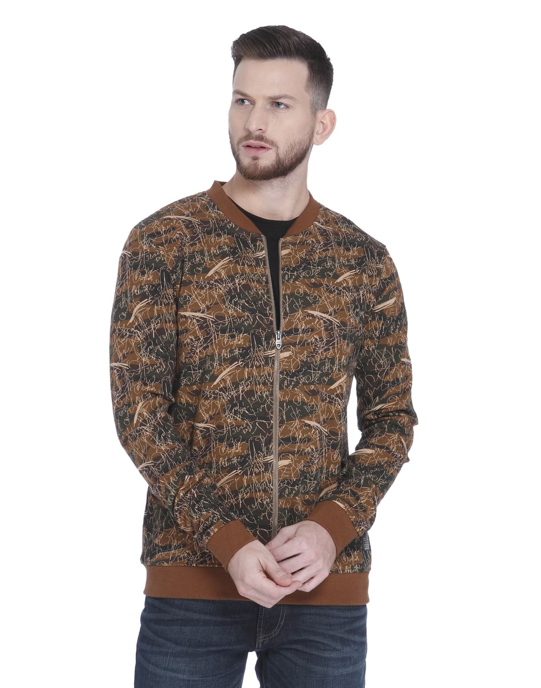Brown Scribble Print Zip Up Sweatshirt - S