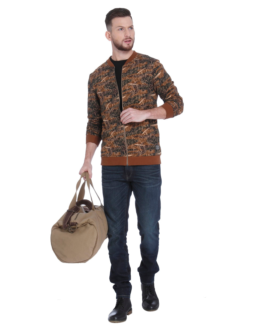 Brown Scribble Print Zip Up Sweatshirt