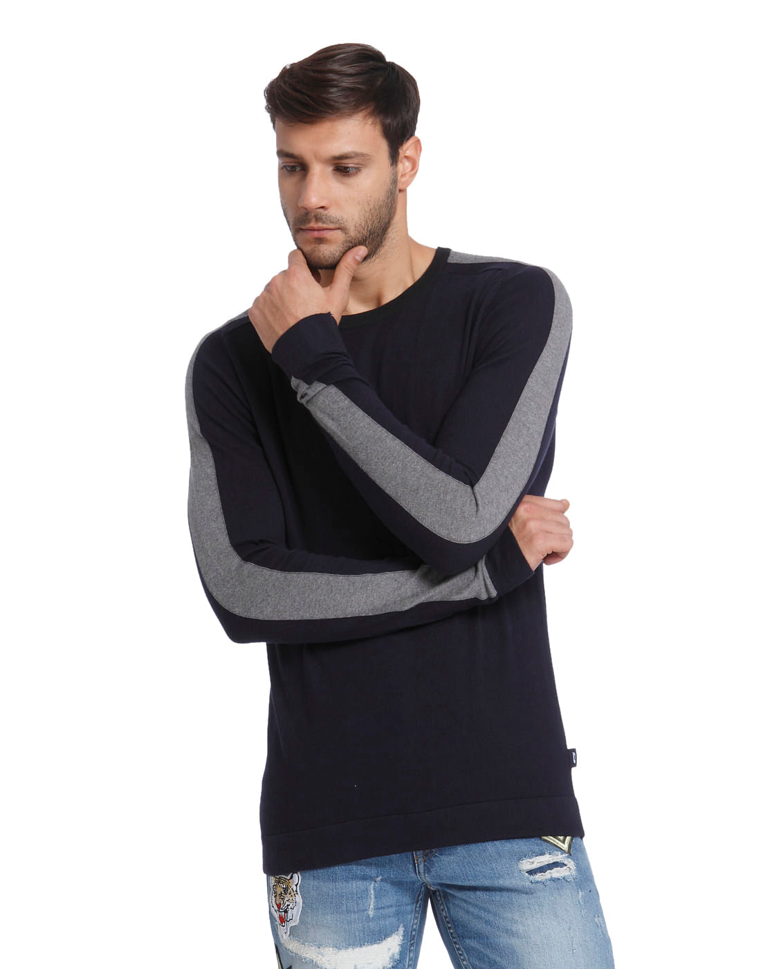 Blue Colourblocked Pullover - S