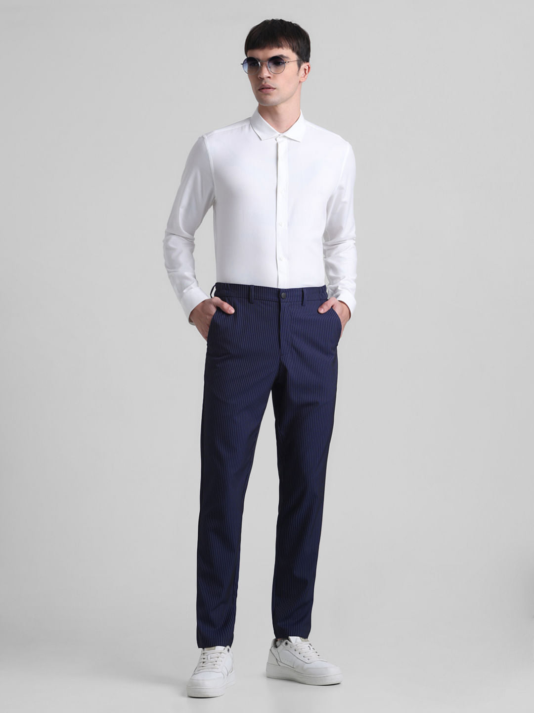 Navy Blue Mid Rise Striped Trousers