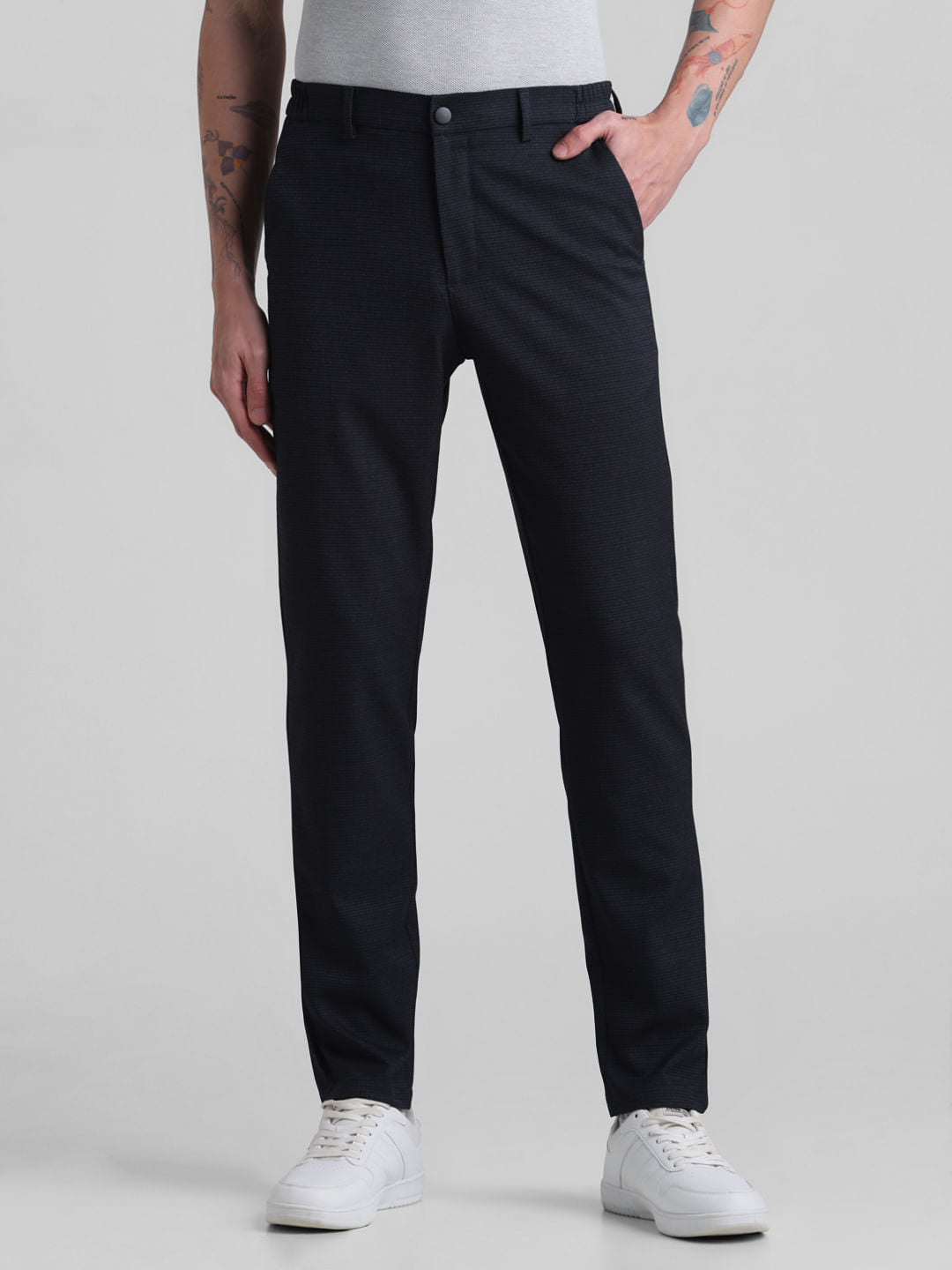 Navy Blue Mid Rise Check Trousers - 46