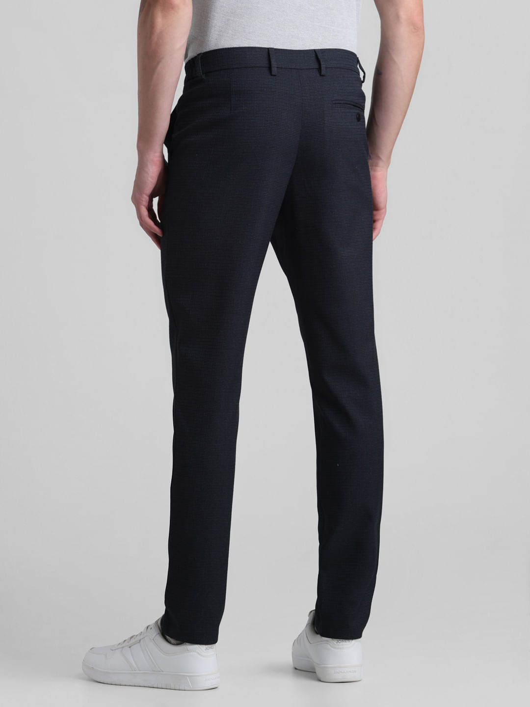 Navy Blue Mid Rise Check Trousers