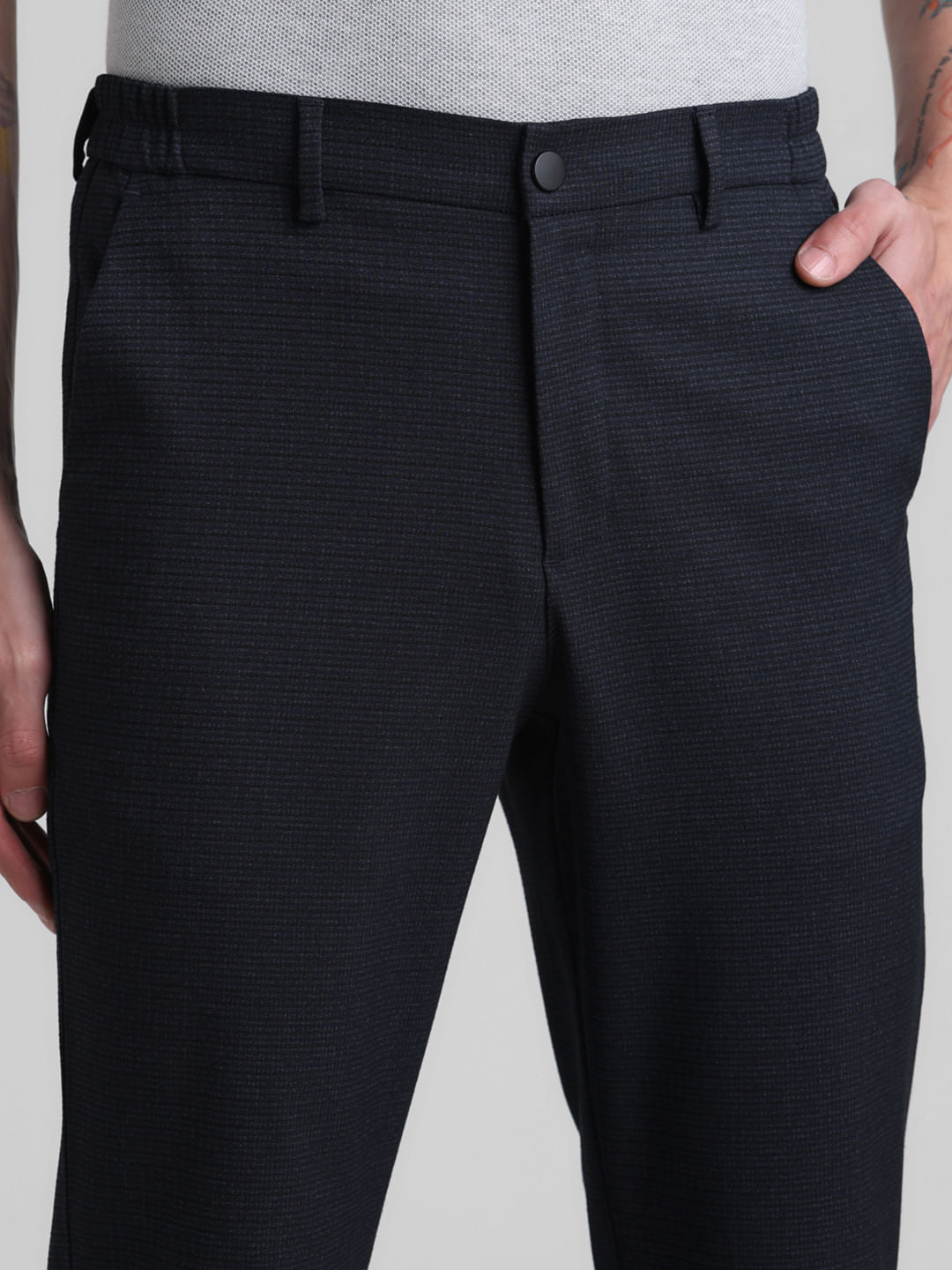 Navy Blue Mid Rise Check Trousers