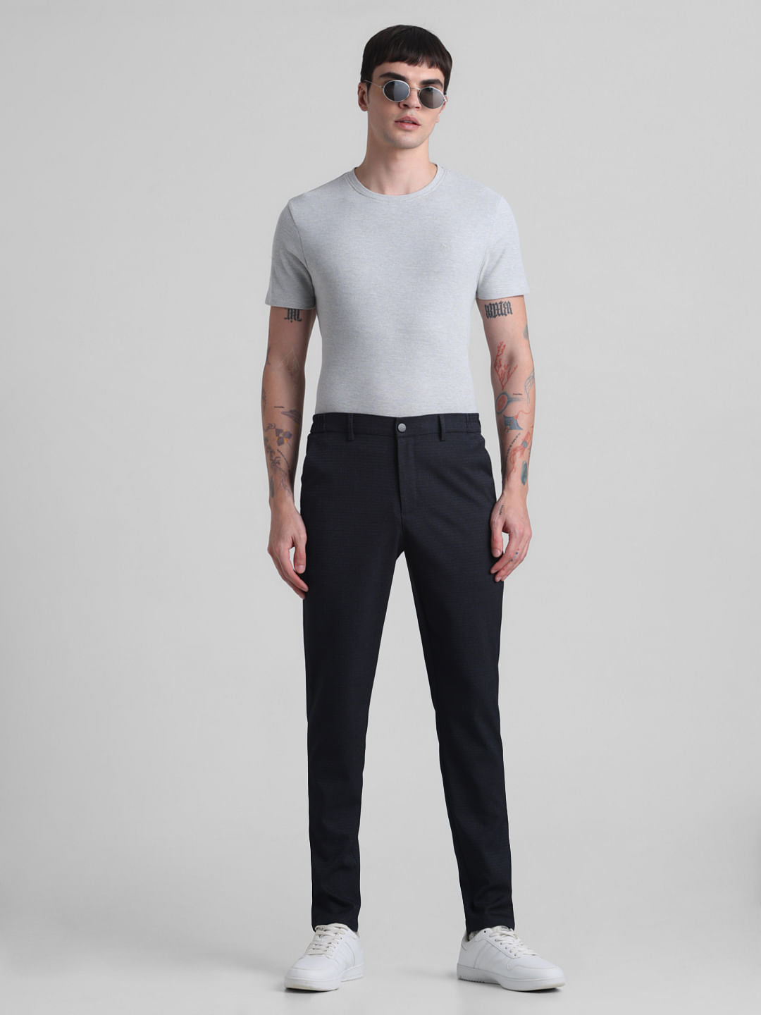 Navy Blue Mid Rise Check Trousers
