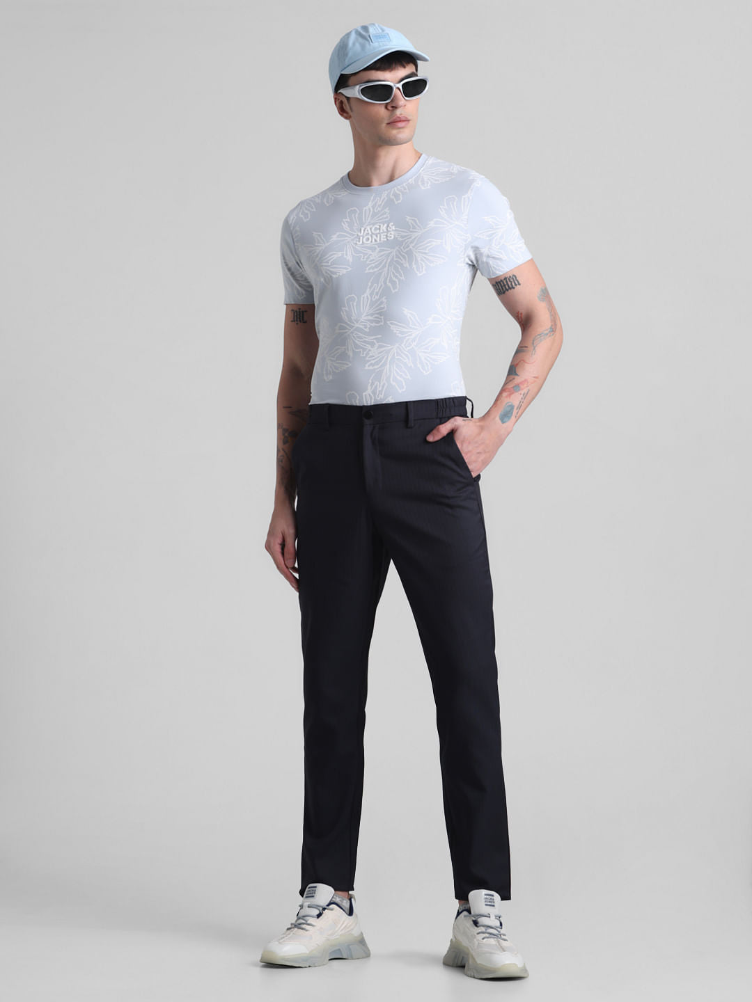 Navy Blue Mid Rise Printed Trousers