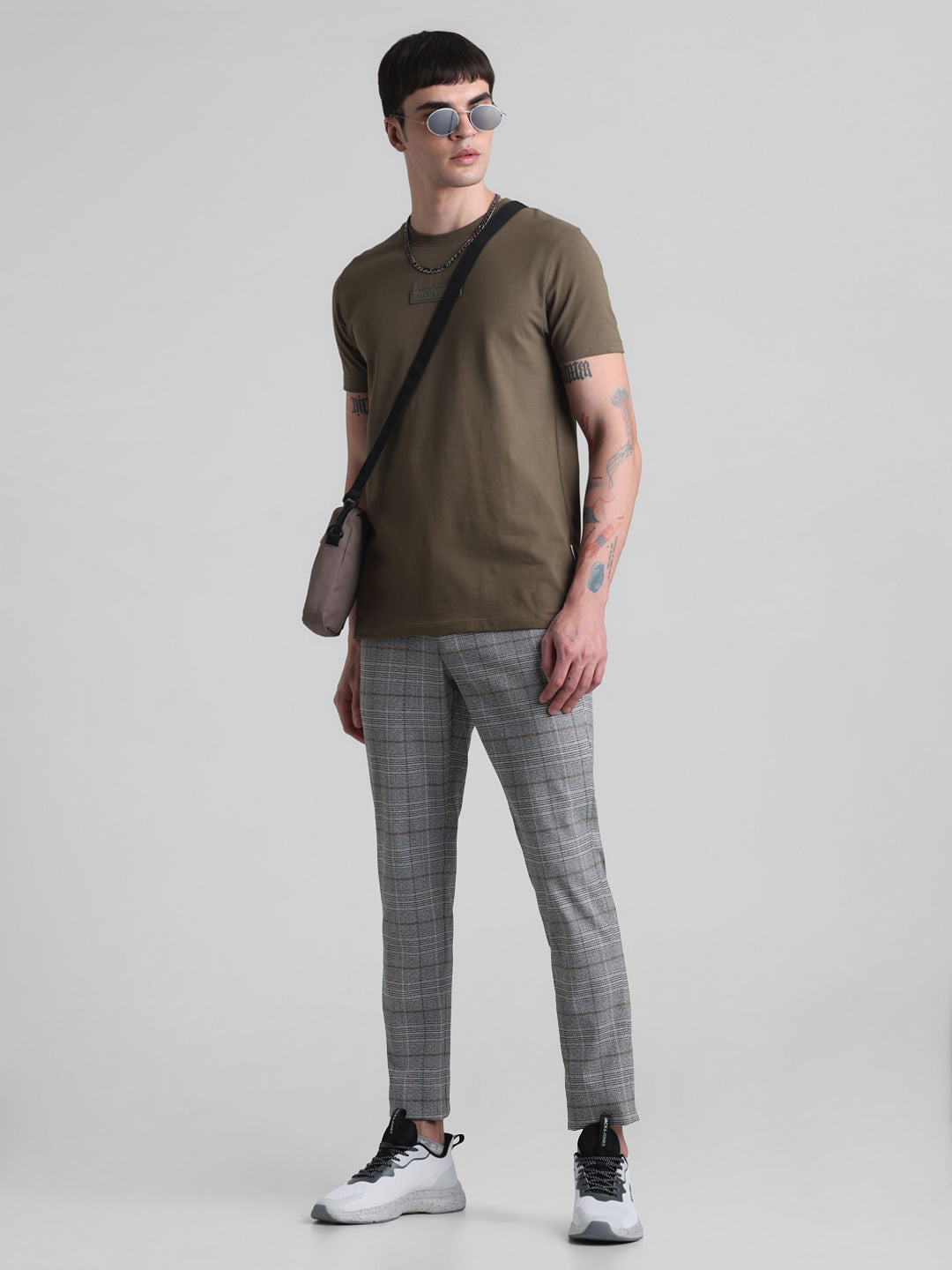 Grey Mid Rise Check Trousers