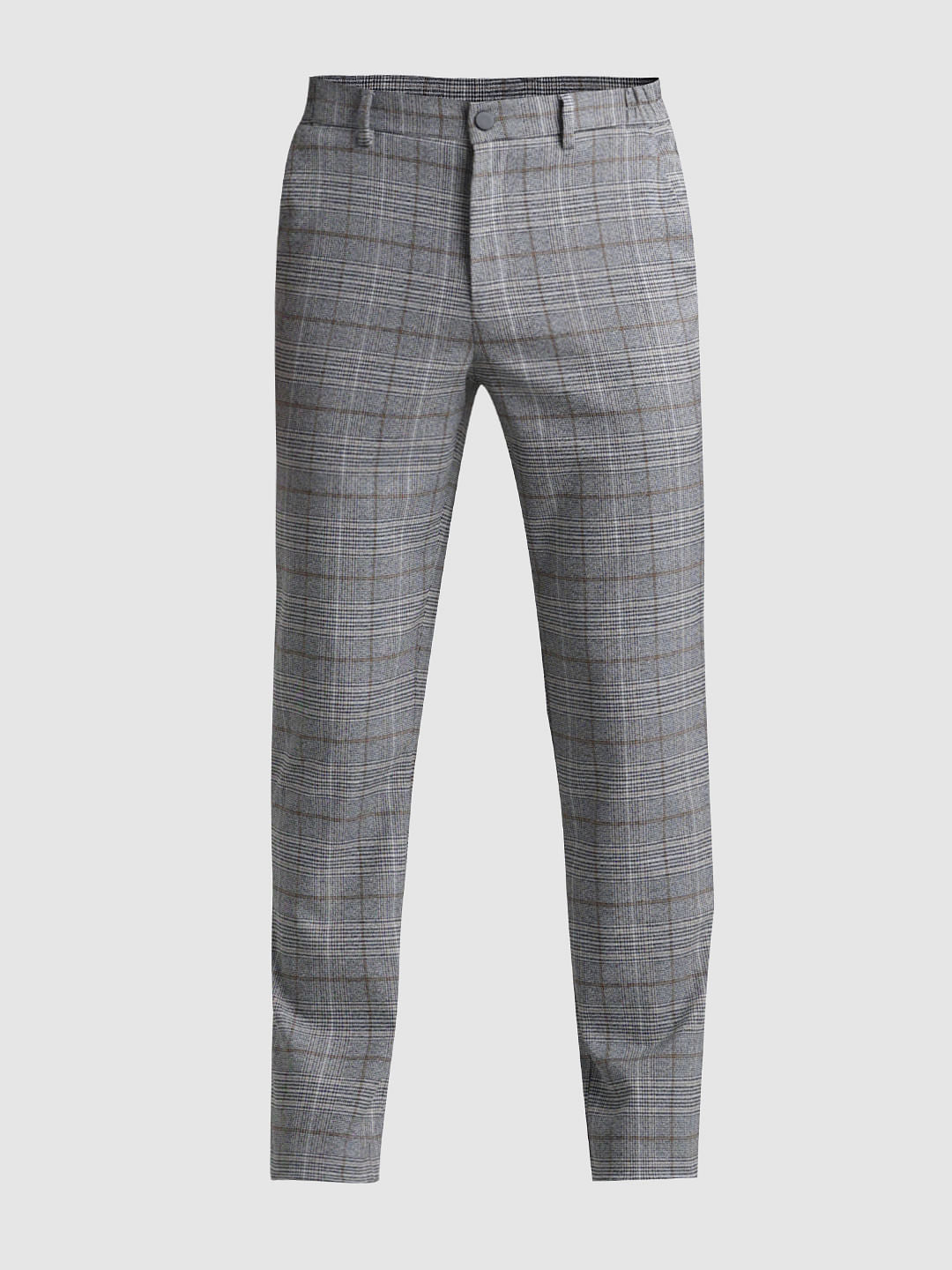 Grey Mid Rise Check Trousers
