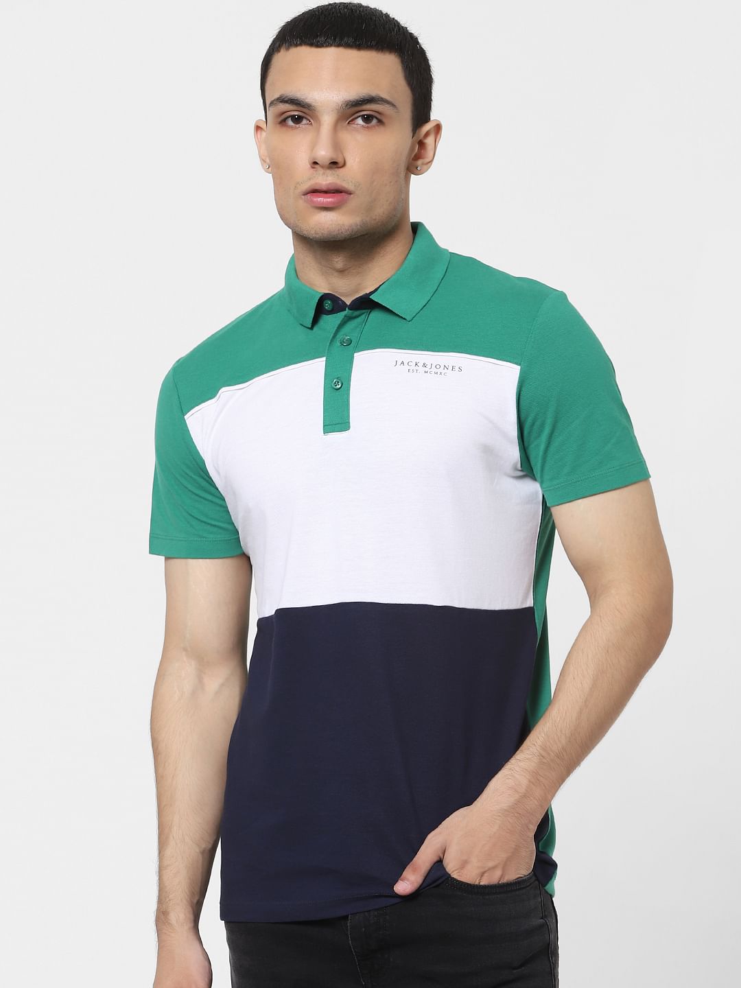 Green Colourblocked Polo T-shirt