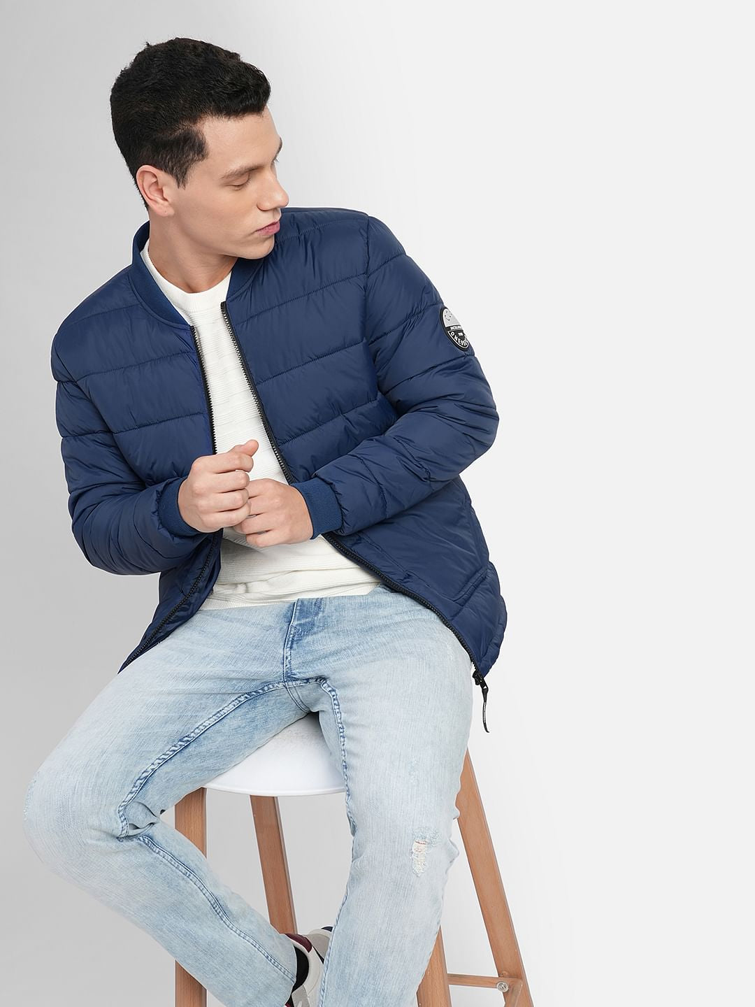 Navy Blue Quilted Bomber Jacket - S