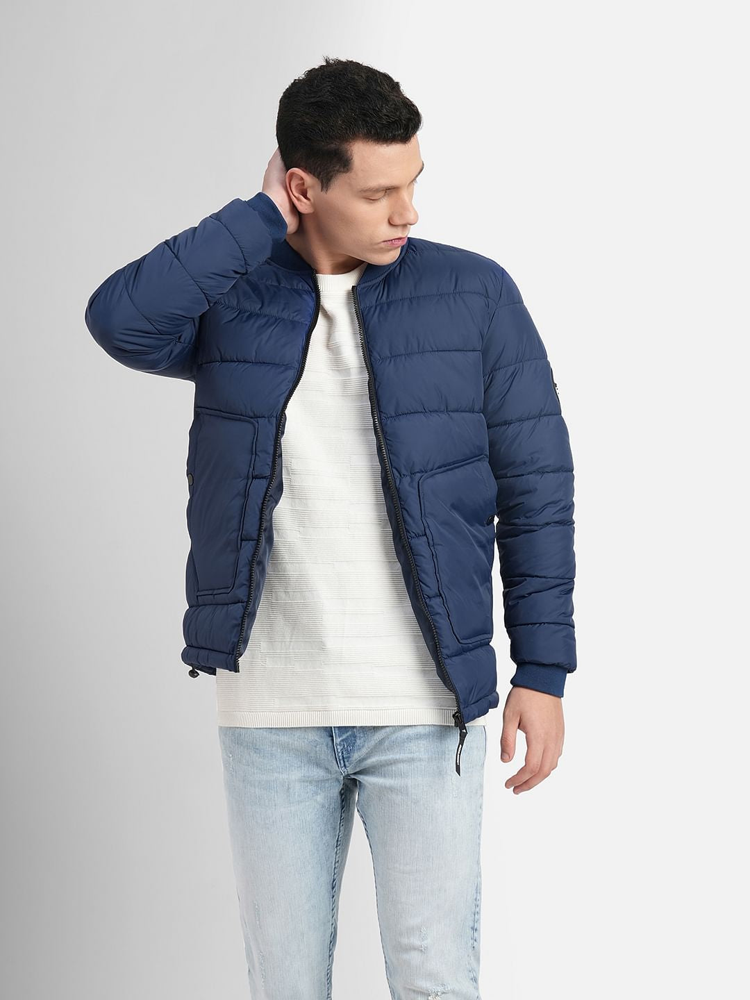 Navy Blue Quilted Bomber Jacket