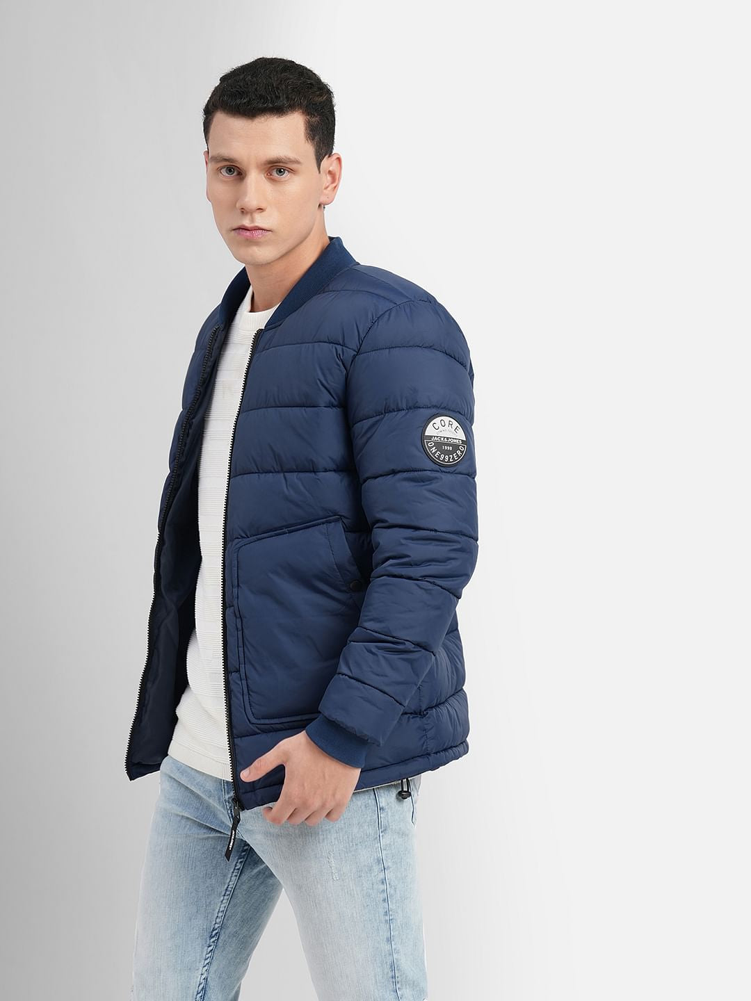 Navy Blue Quilted Bomber Jacket