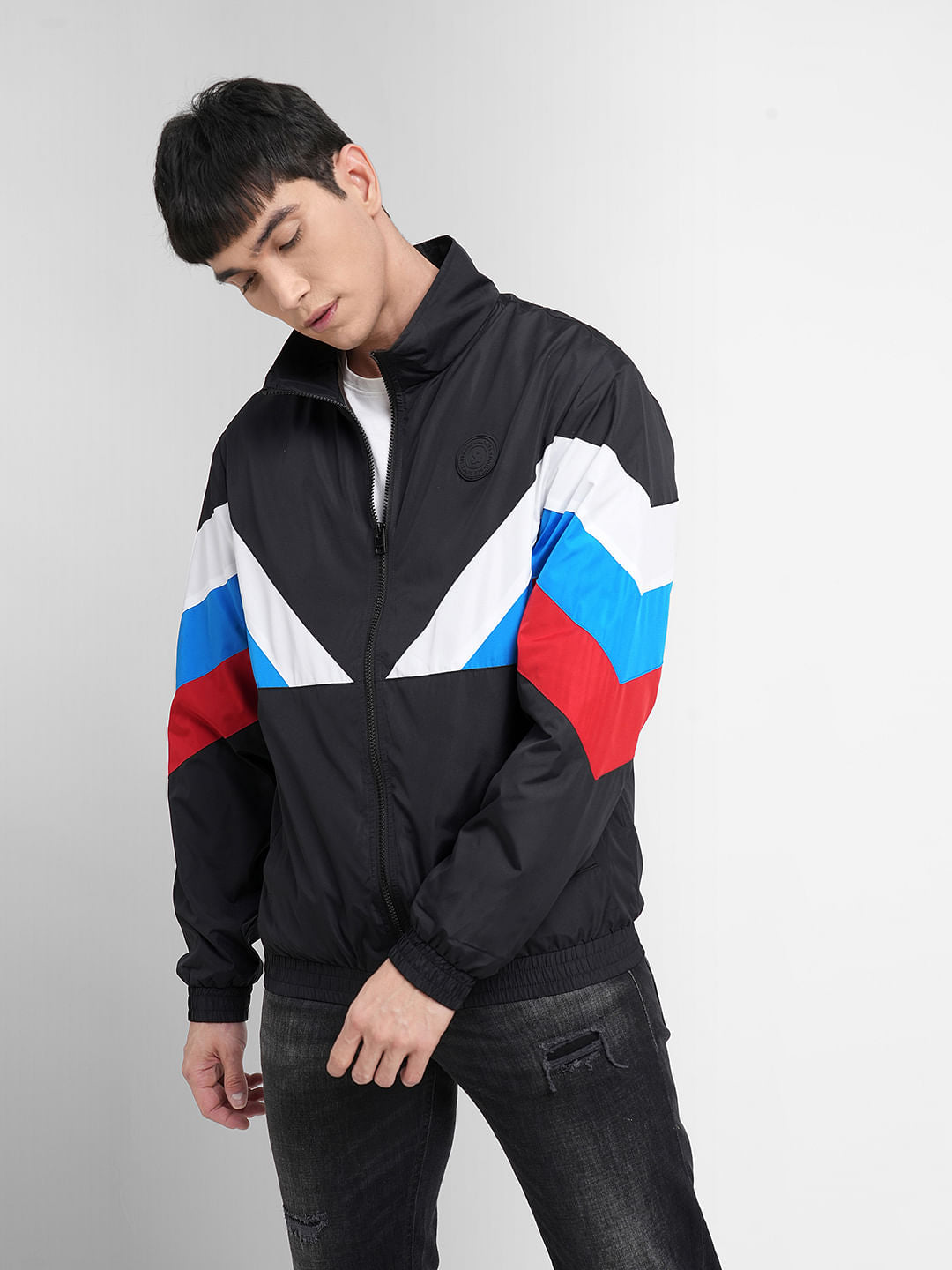 Black Colourblocked Wind Breaker Jacket