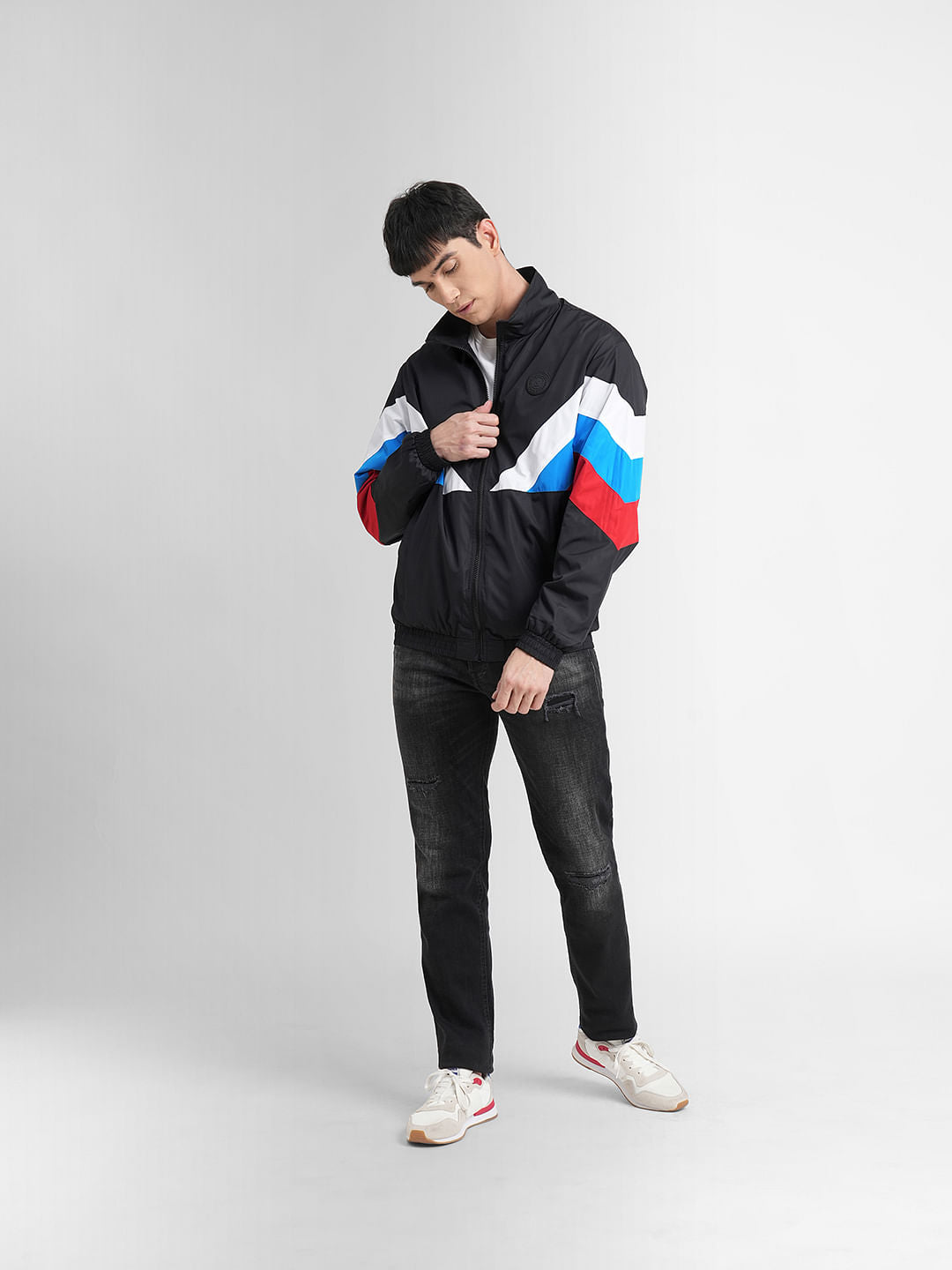 Black Colourblocked Wind Breaker Jacket