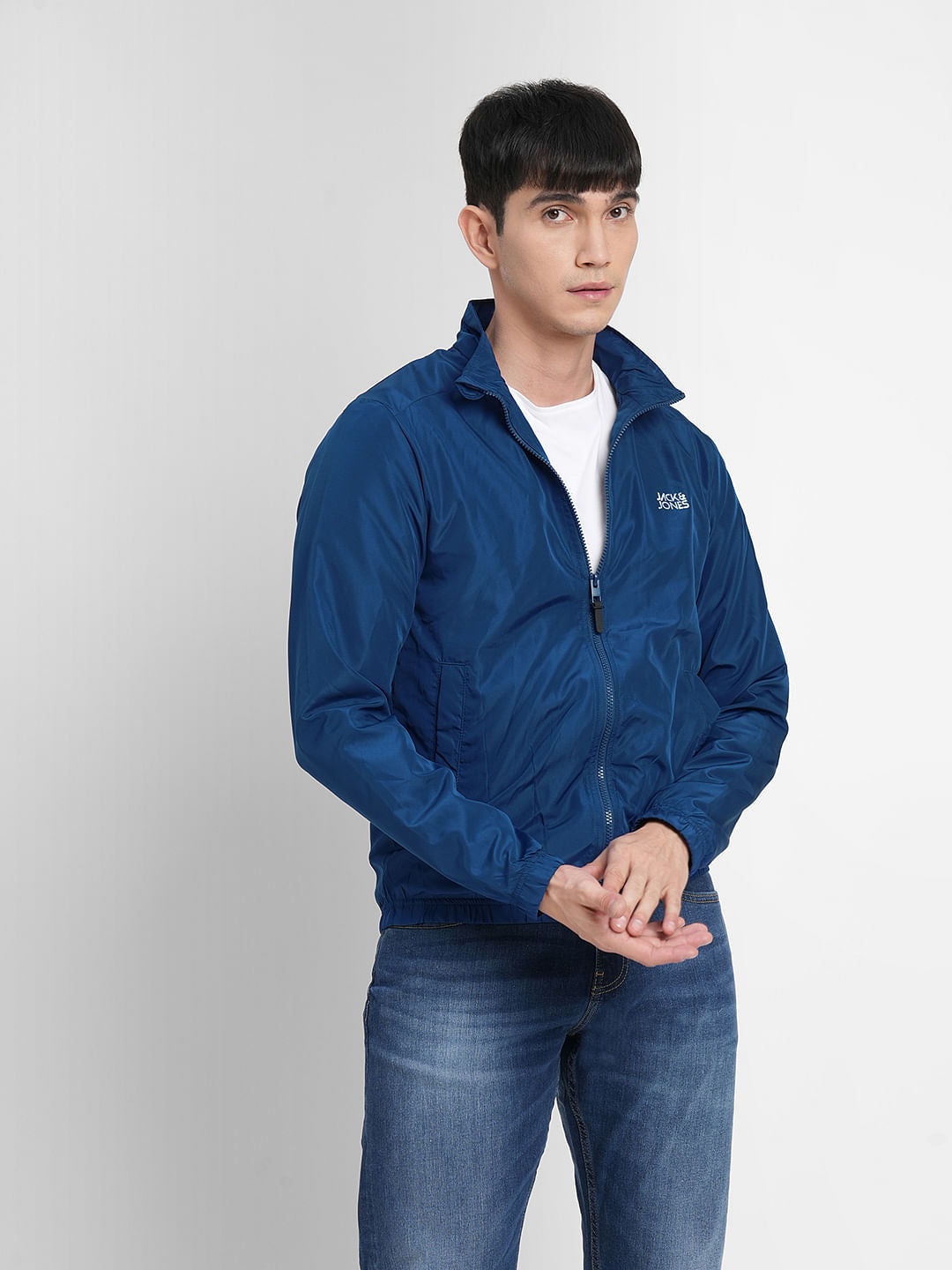 Blue Logo Print Windbreaker Jacket