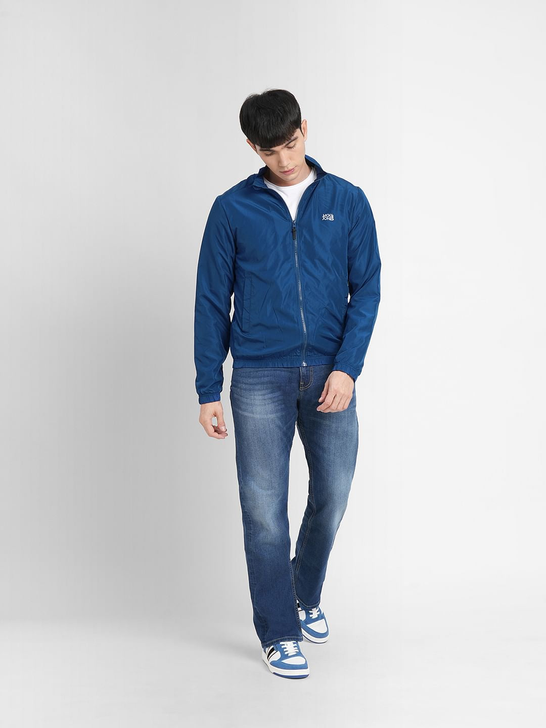 Blue Logo Print Windbreaker Jacket