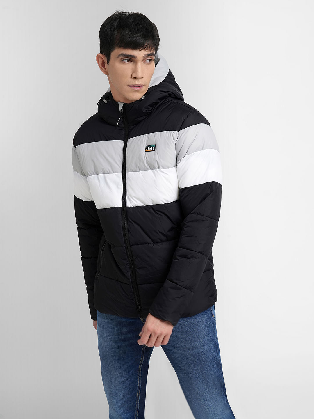 Black Colourblocked Hooded Puffer Jacket