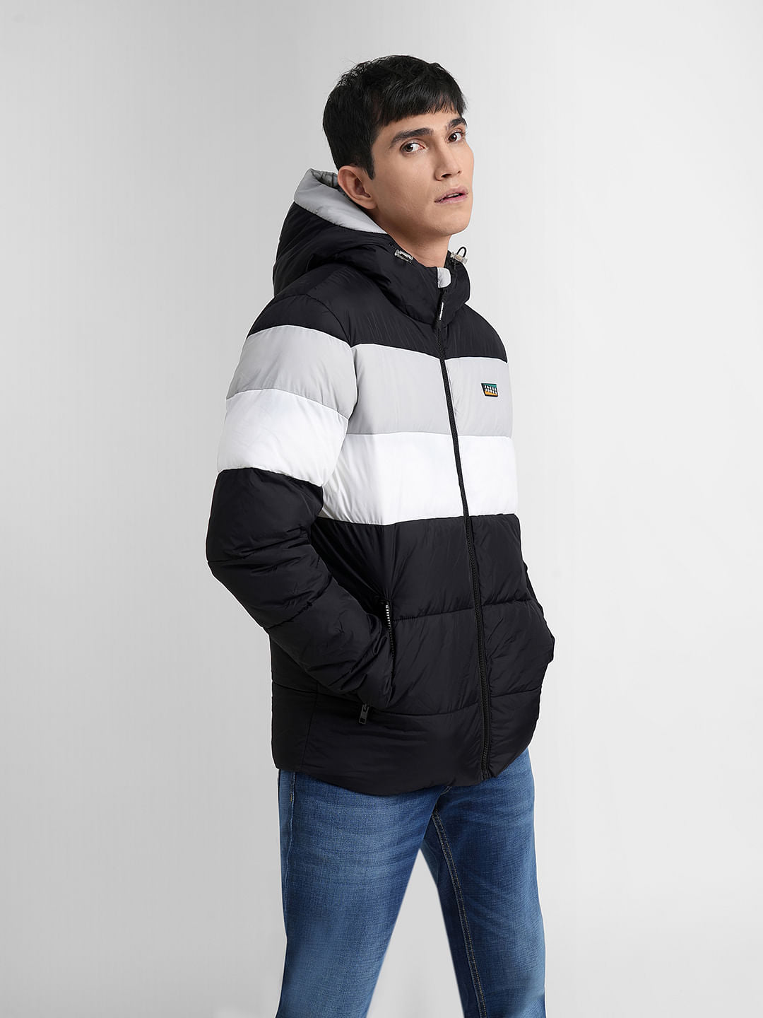 Black Colourblocked Hooded Puffer Jacket