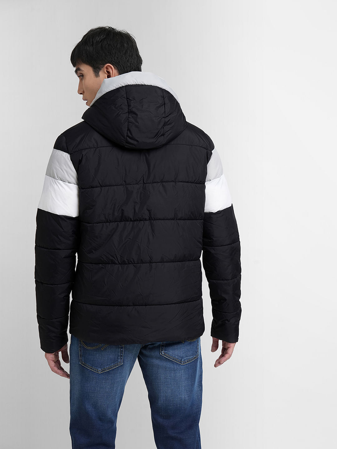 Black Colourblocked Hooded Puffer Jacket