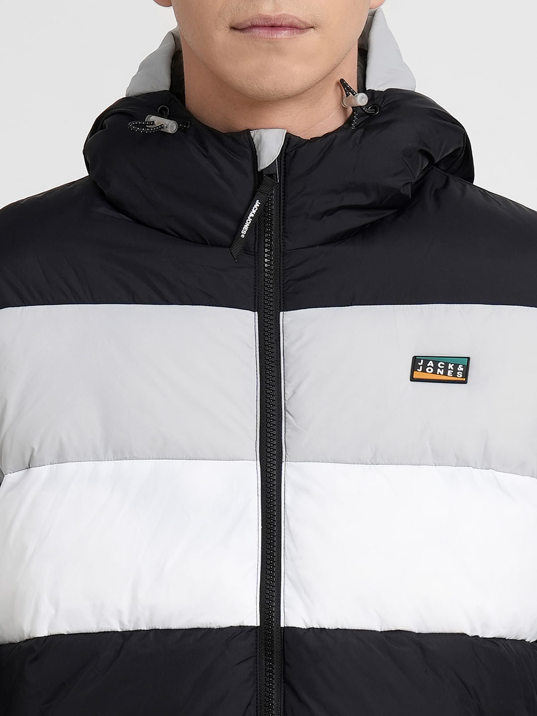Black Colourblocked Hooded Puffer Jacket