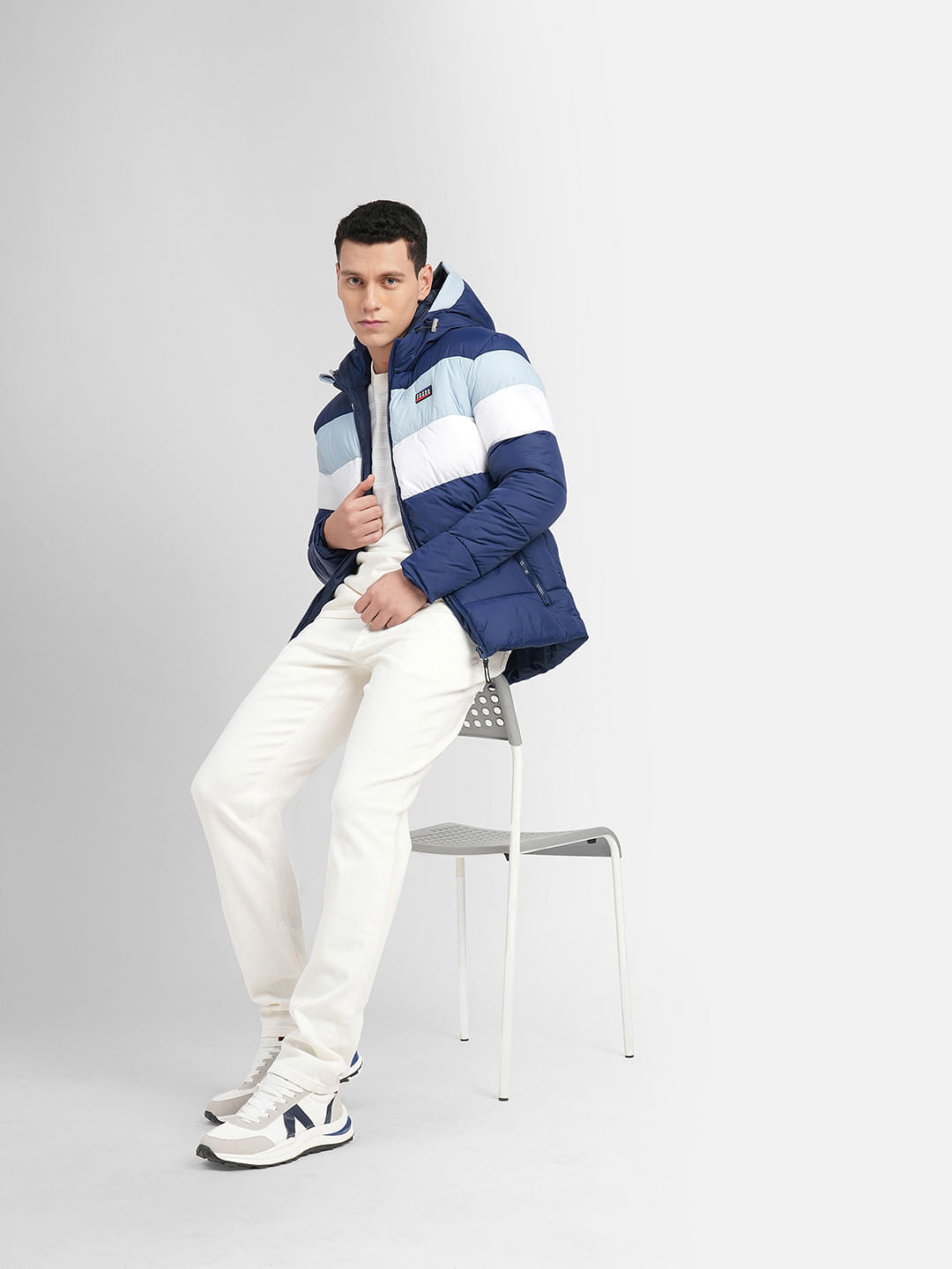 Navy Blue Colourblocked Hooded Puffer Jacket - S