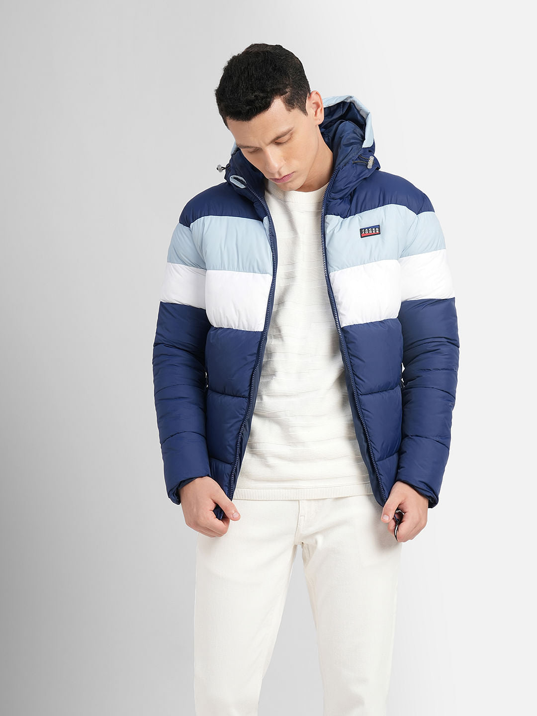 Navy Blue Colourblocked Hooded Puffer Jacket
