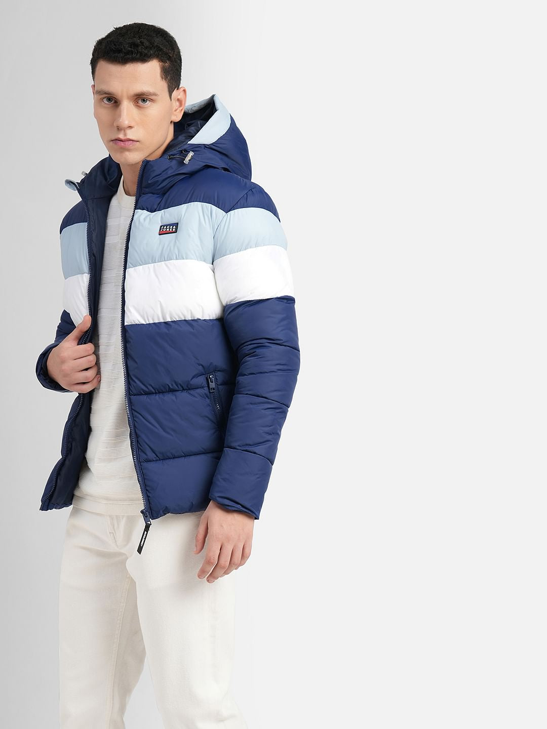 Navy Blue Colourblocked Hooded Puffer Jacket