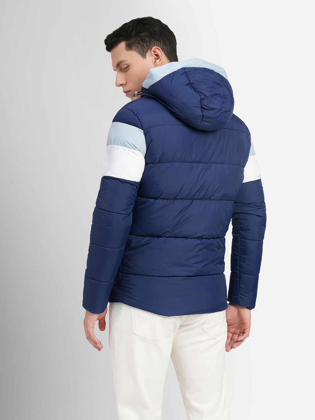 Navy Blue Colourblocked Hooded Puffer Jacket