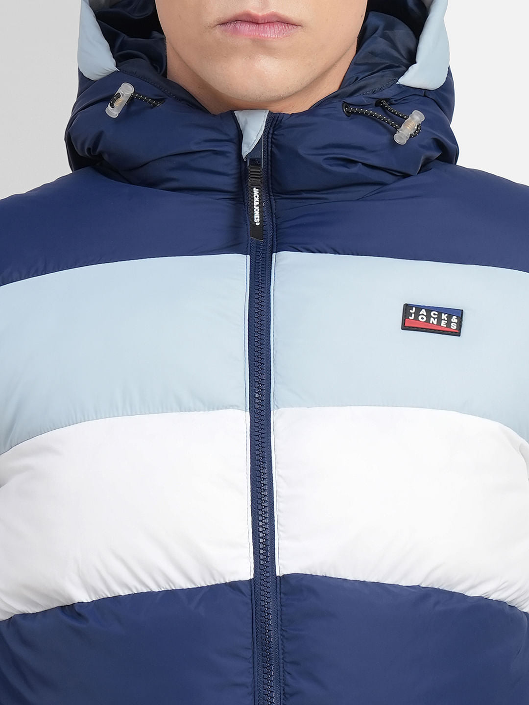 Navy Blue Colourblocked Hooded Puffer Jacket