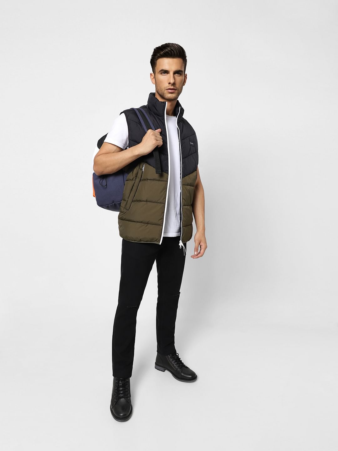 Olive Colourblocked Puffer Vest Jacket - S