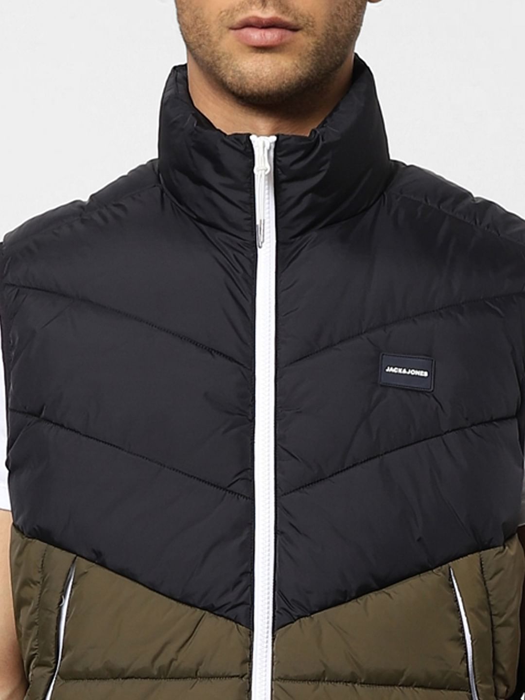 Olive Colourblocked Puffer Vest Jacket
