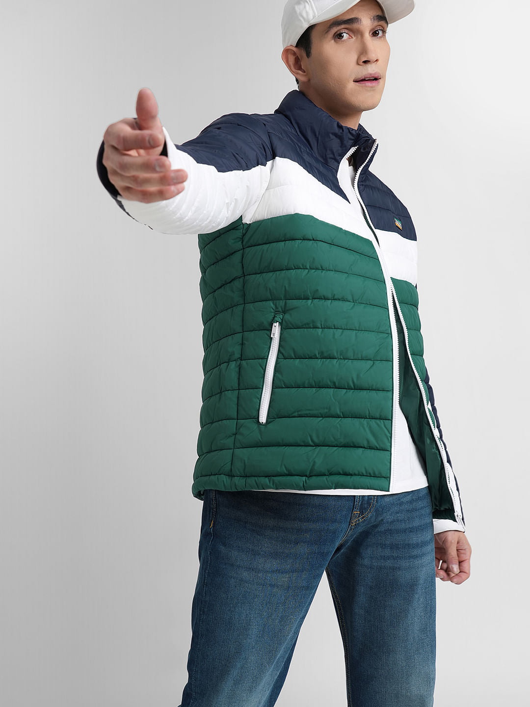 Green Colourblocked Puffer Jacket