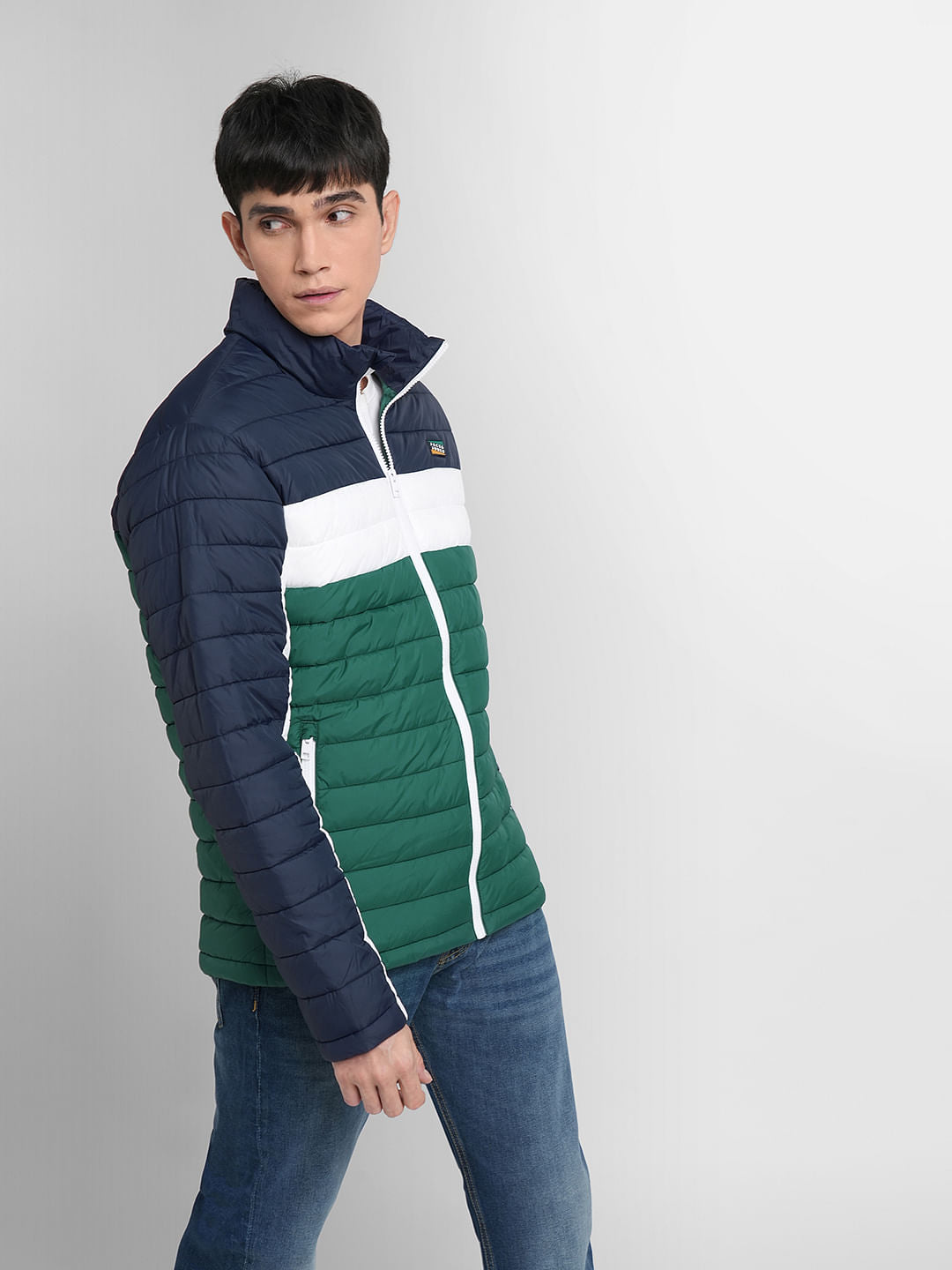 Green Colourblocked Puffer Jacket