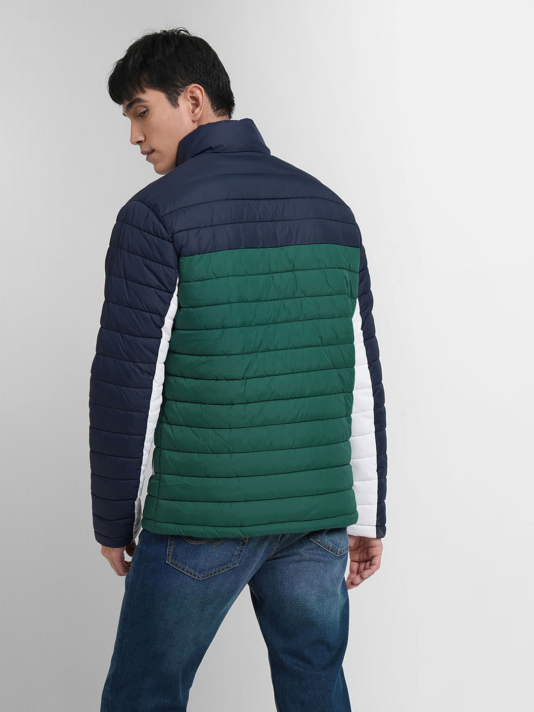 Green Colourblocked Puffer Jacket