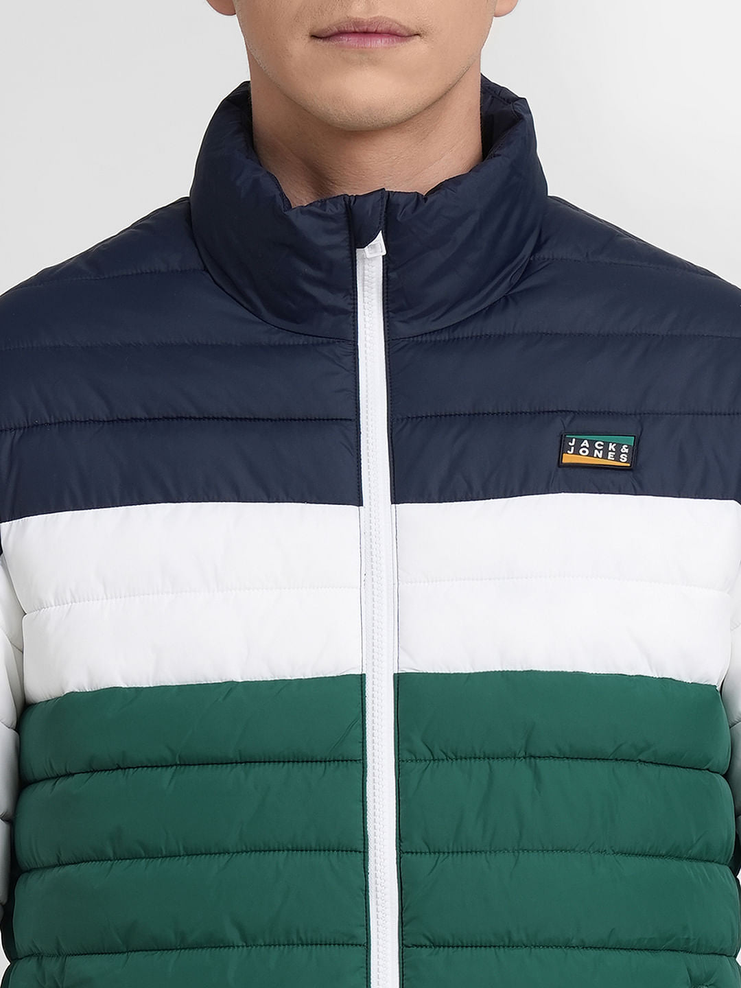 Green Colourblocked Puffer Jacket