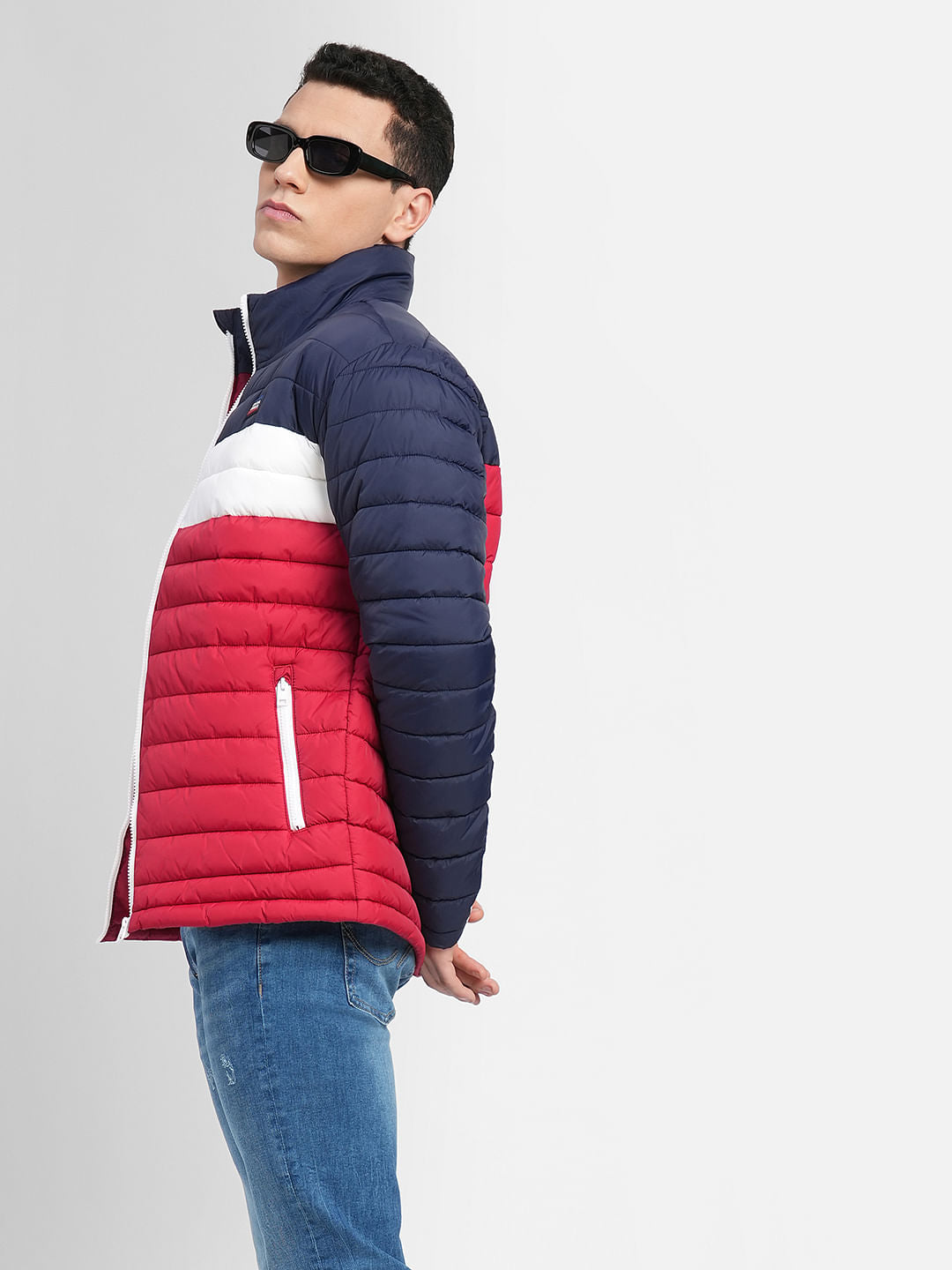 Red Colourblocked Hooded Puffer Jacket - S