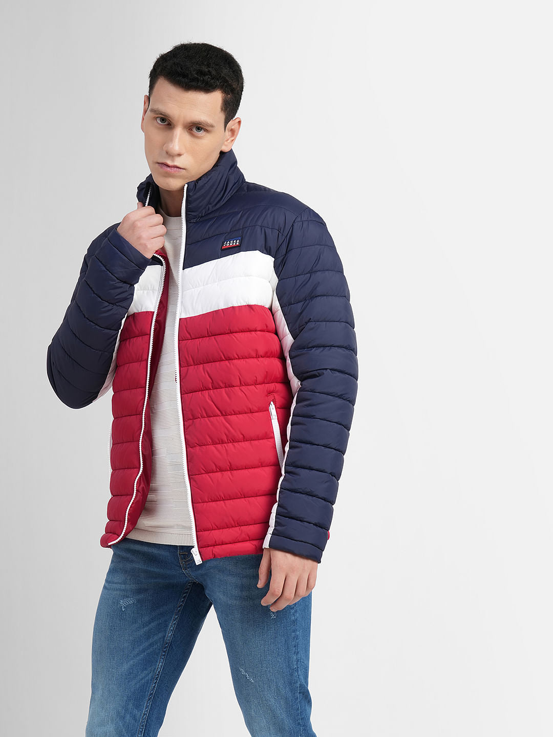 Red Colourblocked Hooded Puffer Jacket