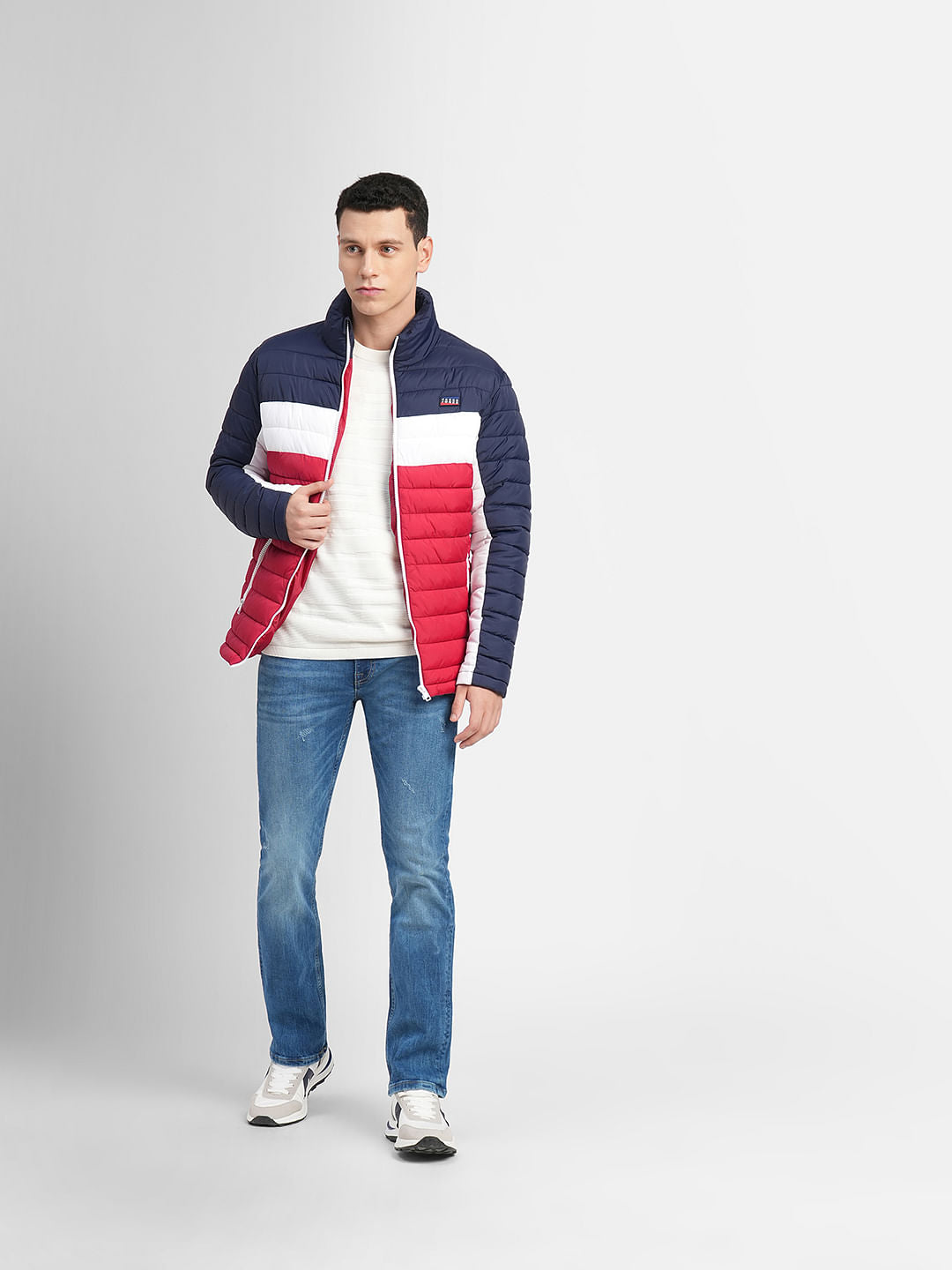 Red Colourblocked Hooded Puffer Jacket