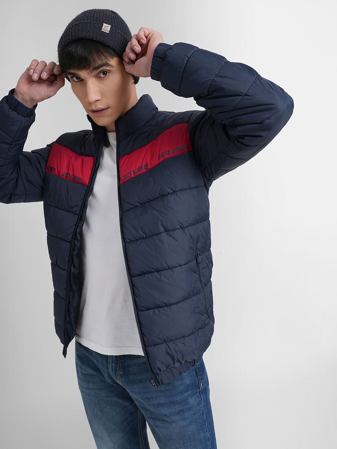 Navy Blue Logo Print Puffer Jacket - S