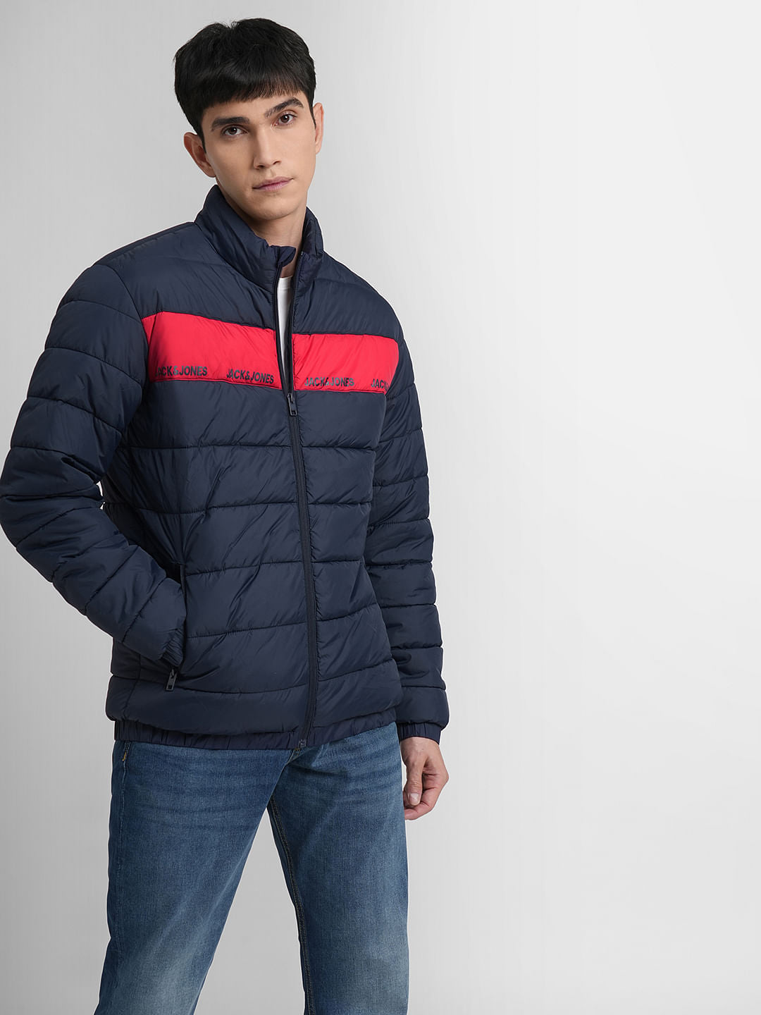 Navy Blue Logo Print Puffer Jacket