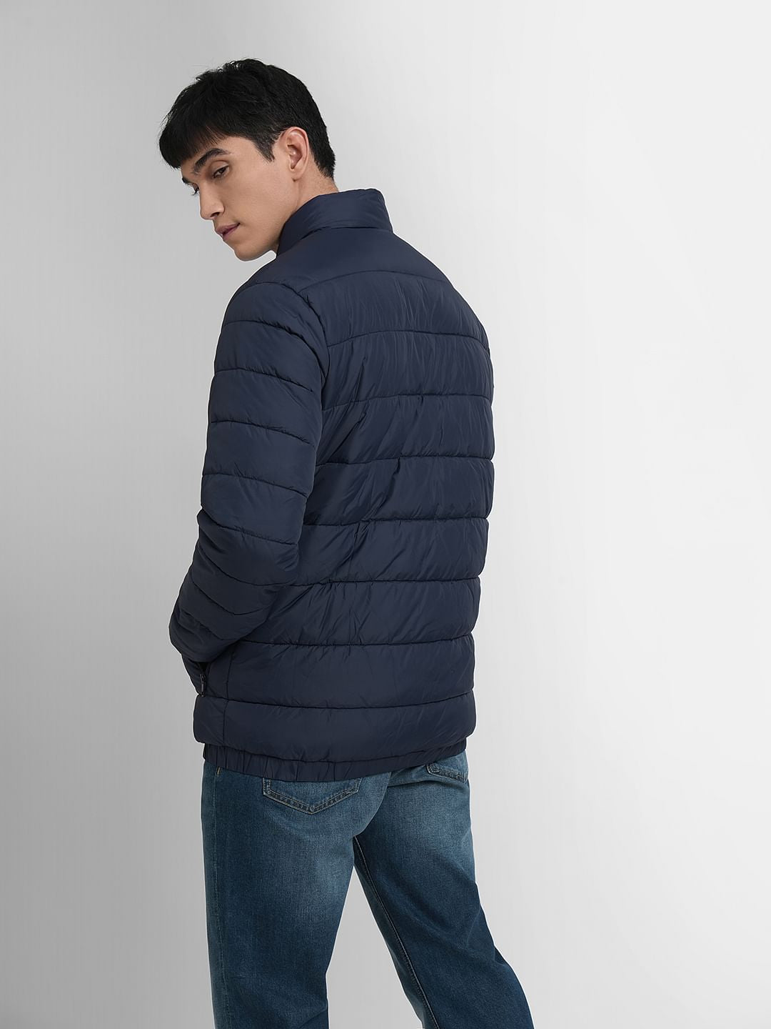 Navy Blue Logo Print Puffer Jacket