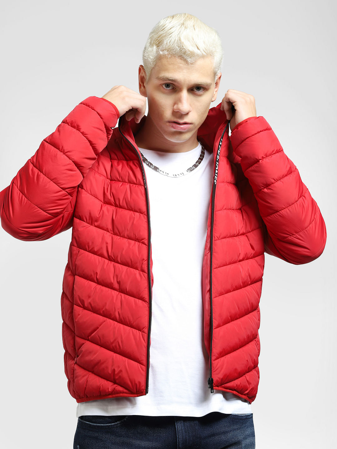 Red Logo Print Puffer Jacket - S